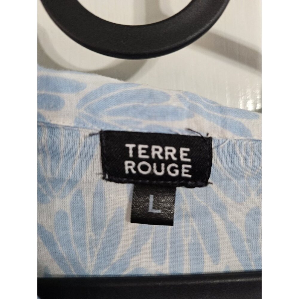 Terre Rouge Women Large Blue White Leaf Print Cotton Shirt Dress European Resort - Picture 4 of 7